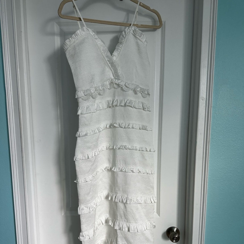 V. Chapman White Ruffled Tiered Midi Dress